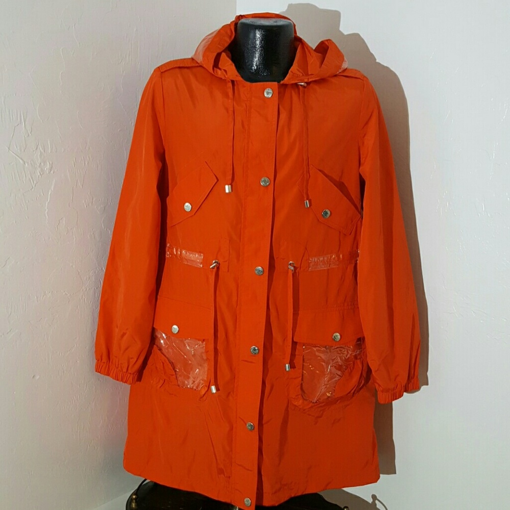 Betsey Johnson women rain jacket hoodis orange snaps size L